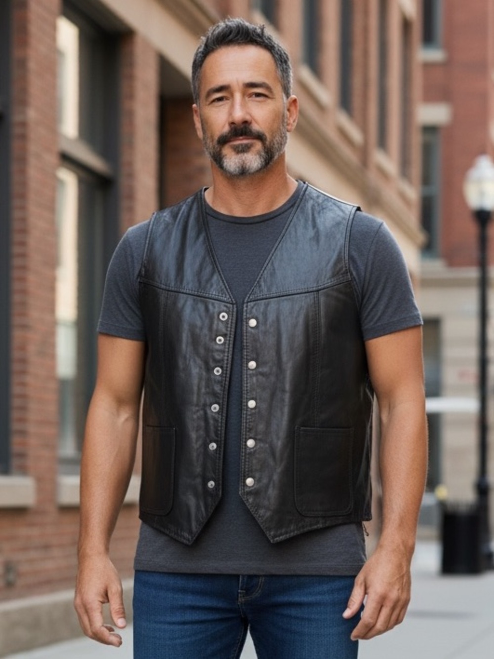 Men's Black Leather Vest Golden Crown by Bristol Large